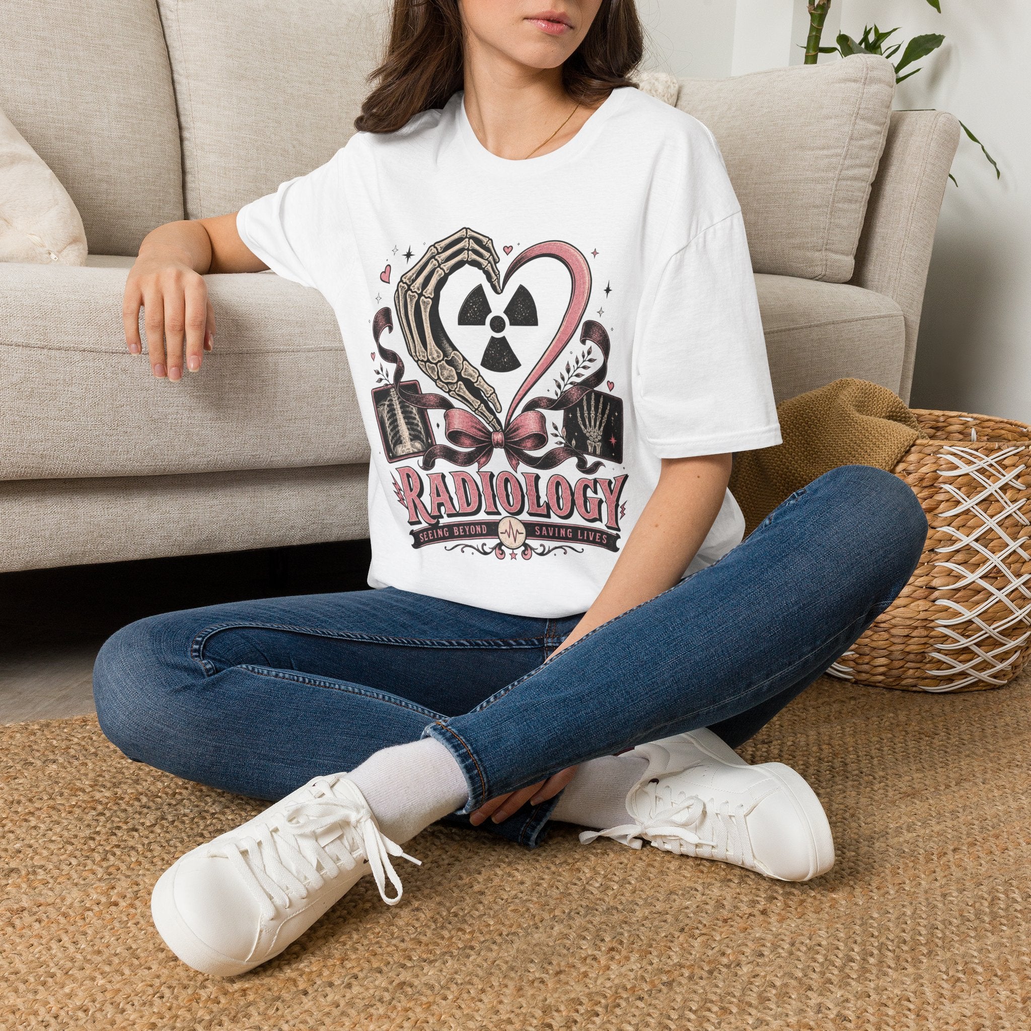 Skeleton heart hand Radiology with pink ribbon